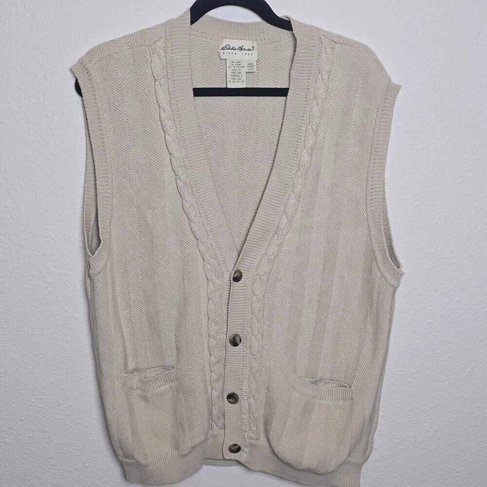 Vintage Eddie Bauer Sweater Vest Men’s Large Beige Cotton Button Front 90s
